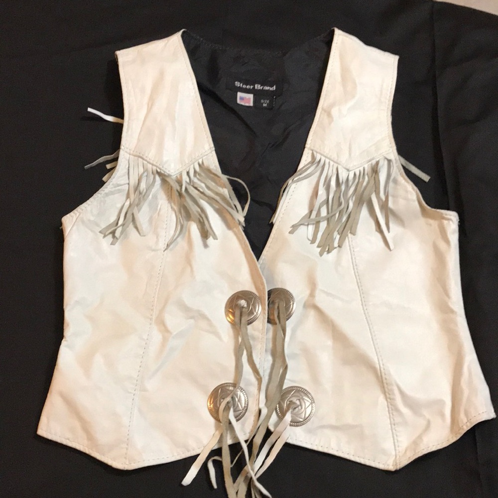Leather white vest with fringe Made in USA sz M